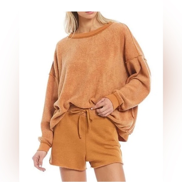 Free People Kelly Lounge Sweatshirt Short Set Cognac Size Medium NWOT - Picture 2 of 14